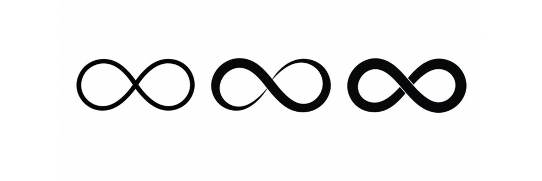 Three black infinity signs set isolated on clean white background, eternity concept