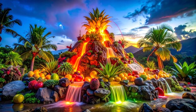A mesmerizing tropical fruit volcano erupting with vibrant colors and cascading waterfalls under a dramatic sunset, a fantastical display of natural abundance and exotic beauty