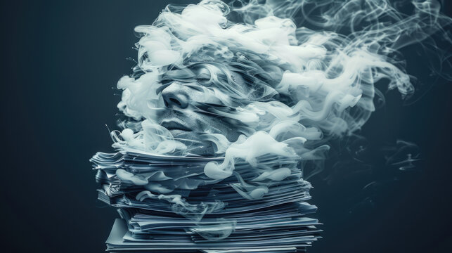 Human face dissolving into smoke above stack of papers representing mental burnout from overwork
