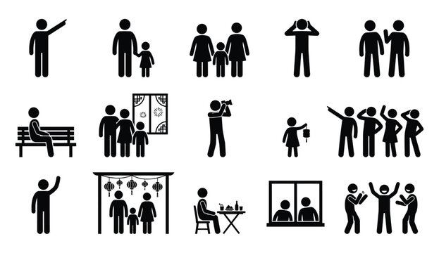 A collection of stick figure icons depicting people in various everyday activities and interactions