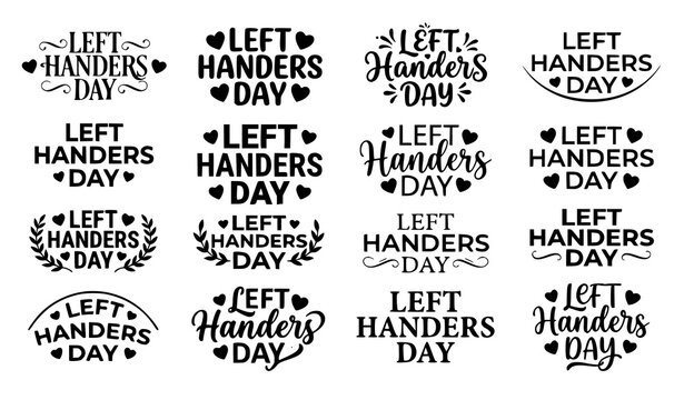 Left Handers Day Typography Collection with Bold Calligraphy Lettering, Hearts, Laurel Wreaths, and Decorative Greeting Designs