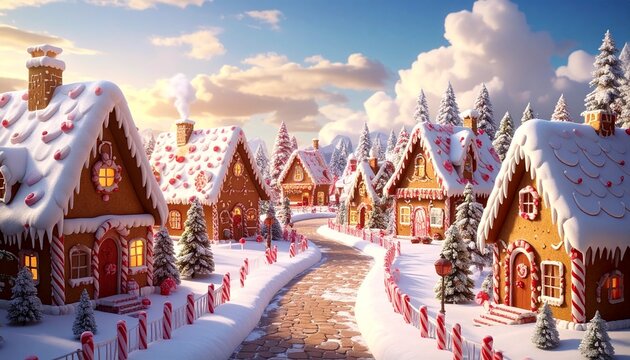 Magical winter gingerbread village with snow-covered houses, candy cane fences, and pine trees