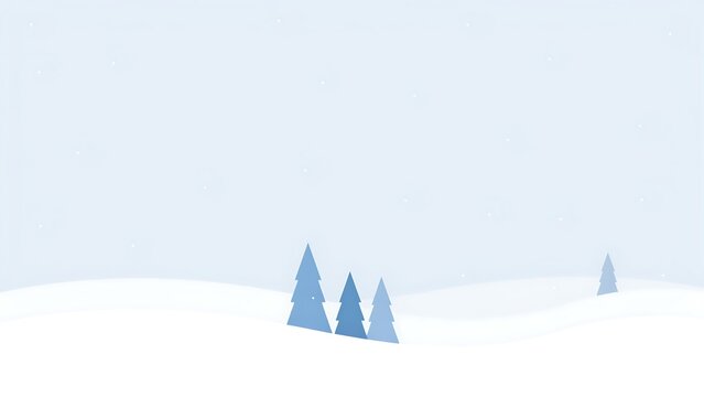 Minimalist winter landscape with stylized blue pine trees on snow covered hills under a light sky