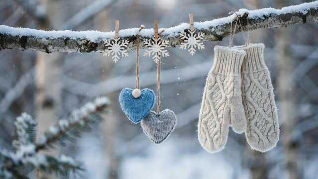 Pair of knitted wool mittens hanging on a snow covered birch branch with felt heart ornaments and wooden snowflake decorations in a winter forest setting
