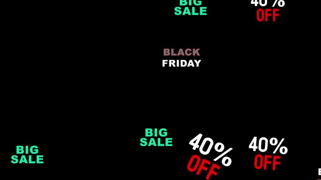 Black Friday sale 40 percent off text animation for seasonal shopping business.