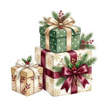Festive Christmas Presents: A beautifully wrapped stack of Christmas gifts adorned with ribbons, pine sprigs, holly, and berries, ready to be exchanged and spread holiday cheer.