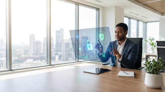Cybersecurity and Digital Data Protection &mdash; Modern Office With Holographic Interface