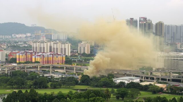 Thick toxic yellow smoke clouds rise from localized fire within small buildings in city zone. High-rise apartment buildings, multi-tier highway interchange seen on back. Wide shot from high point.