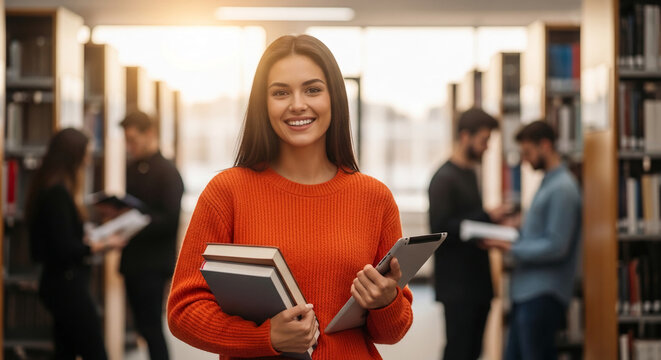 Young woman in orange sweater holding books and tablet in library, representing education, knowledge, and studiousness