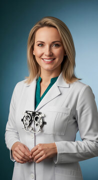Portrait of a smiling female optometrist in a white lab coat with a phoropter, representing eye care, vision, and professionalism