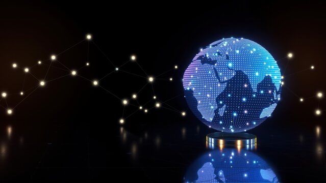 Digital globe glows, connected dots form network. Reflection visible below, dark background enhances visual impact. Futuristic concept.