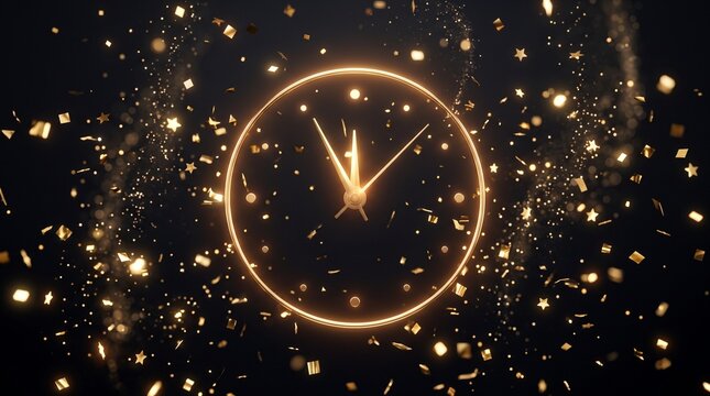 Glowing clock face with golden confetti particles on a dark background