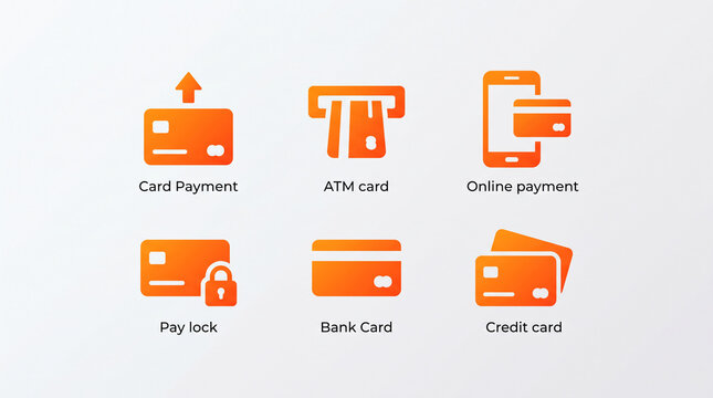 Orange icons of payment methods like cards and mobile transactions, symbolizing digital finance and security, representative of modern commerce