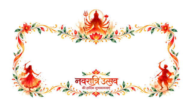 Navratri digital social template featuring an ornate golden temple and Goddess.