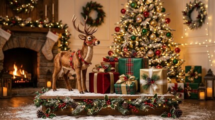 Obraz premium Decorative reindeer figure with wrapped gifts in living room