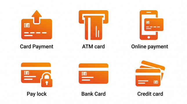 Orange icons depict payment methods like card, ATM, online, and credit transactions, symbolizing financial services and commerce, ideal for web design