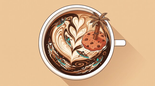 Top view of a coffee cup with latte art featuring a miniature island with a palm tree and canoes