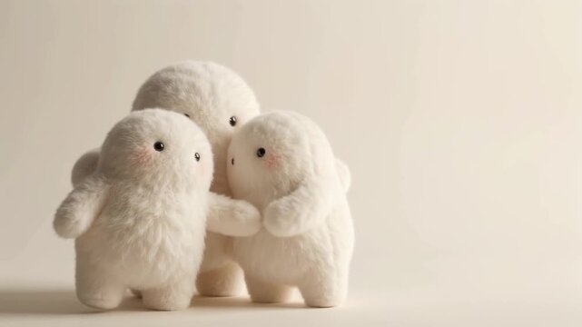 Three soft white fuzzy characters standing together swaying rhythmically in a studio setting