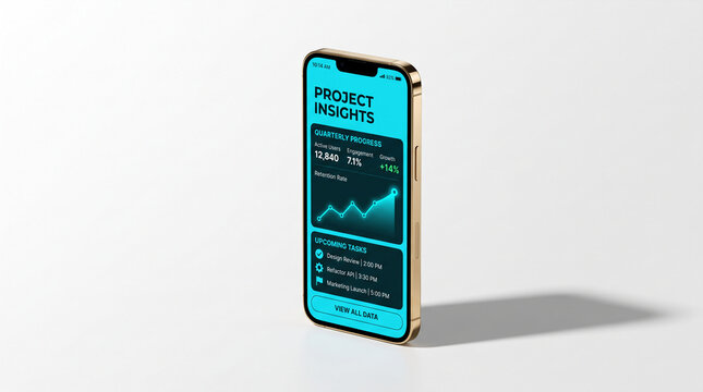Gold smartphone displaying project insights with graphs and tasks, showcasing digital analytics and business performance on a clean white surface