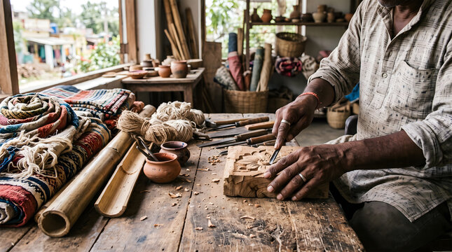 Indian Artisan Hand Carving Intricate Floral Pattern on Wooden Block in Traditional Workshop