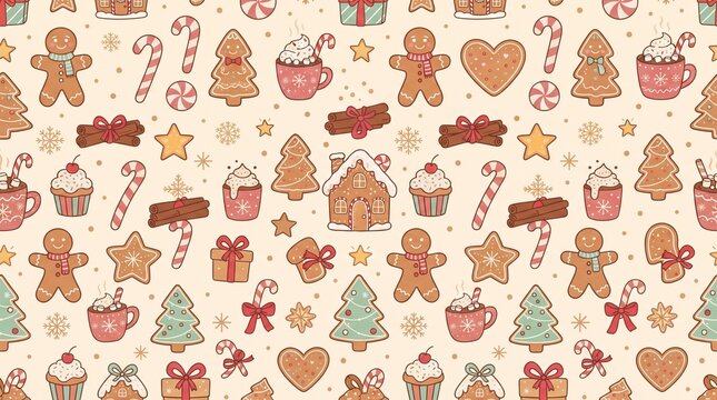 A seamless gingerbread Christmas vector pattern featuring gingerbread people, gingerbread houses, candy canes, peppermint swirls, cookies, cupcakes, cinnamon sticks, hot cocoa mugs, stars, Christmas 