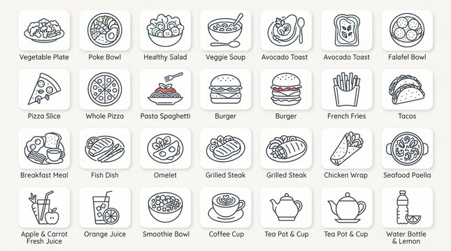 Grid of 20 colorful flat-design food icons on a black backdrop, featuring meals like pizza, burgers, sushi, tacos, and drinks.