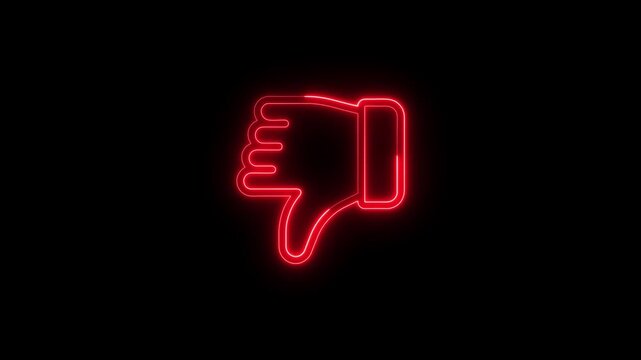 Glowing Red Neon Dislike Hand Gesture Icon, Negative Feedback and Rejection Symbol