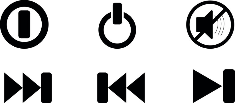 Set of clean media player icons including play pause stop mute fast forward and rewind on white background