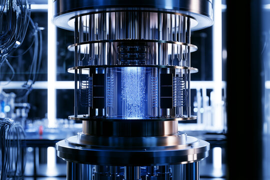 Quantum computer inside a research lab with blue lighting