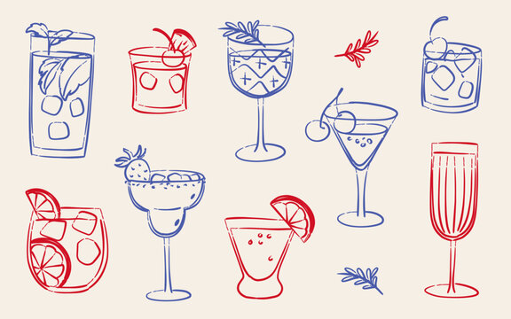 Hand Drawn Cocktail And Beverage Line Art Collection, Red And Blue Sketch Style Illustrations For Bar Menu, Drink Packaging, Restaurant Decor And Summer Designs