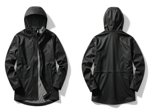 Front and back view of a black waterproof hooded rain jacket