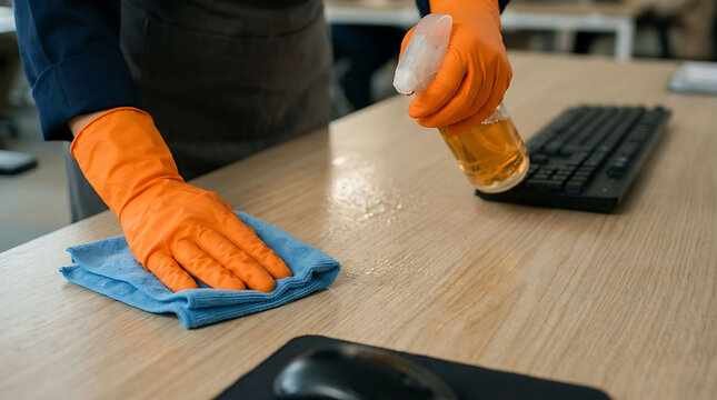 Professional cleaner wiping and disinfecting office desk with spray and cloth