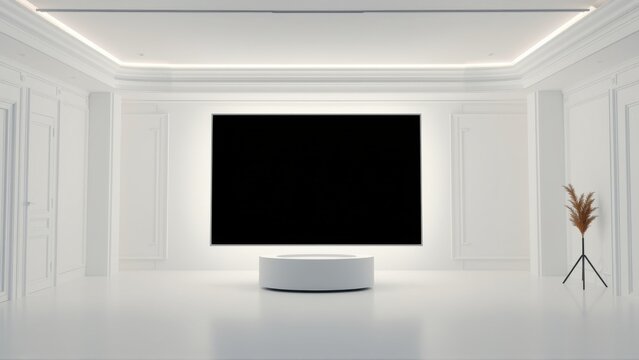 Minimalist room features large black screen on white pedestal. Walls boast classic paneling, subtle lighting creates clean aesthetic.