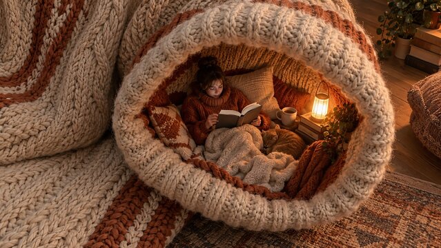 Reader resting inside a giant sweater sleeve in a home corner