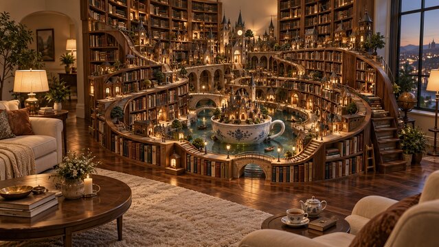 Library shelves bending into a teacup city inside a living room