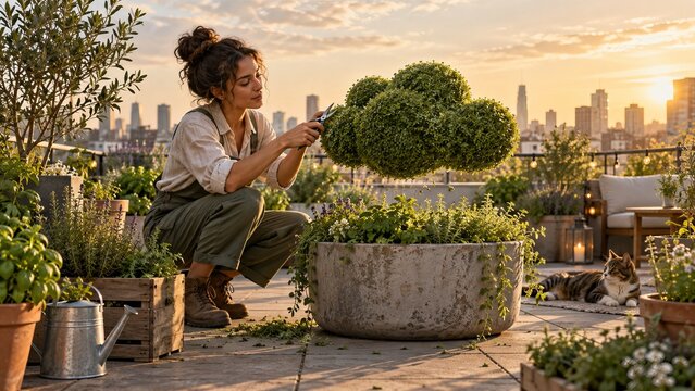 Urban gardener trims a floating cloud shaped topiary on a rooftop garden