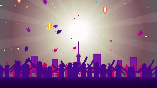 Abstract illustration of a cheering crowd at a graduation celebration with floating caps and colorful confetti a digital vector animation featuring silhouettes of people celebrating