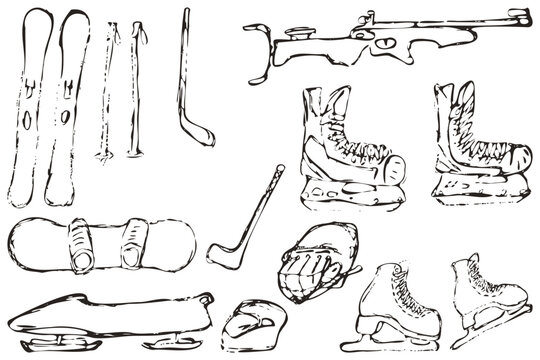 Winter Sports Equipment Coloring Page Doodle Set