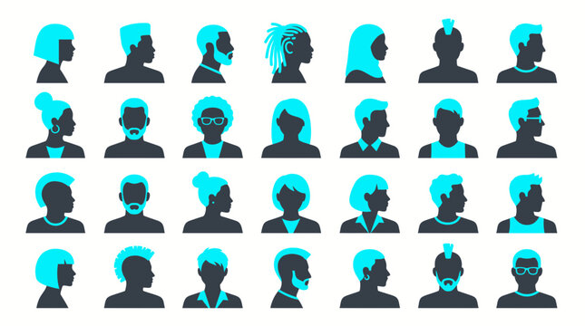 Flat diverse people avatar icons showcasing male and female portraits, varied hairstyle options and profile silhouettes, concept for user profile design and community representation