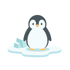 Obraz premium A cute cartoon penguin standing on a small ice floe with ice blocks, rendered in a minimalist vector style.
