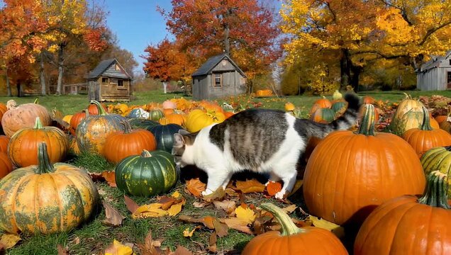 Charming 4K autumn stock footage showing a curious kitten exploring a pumpkin patch surrounded by vibrant orange squash and crisp fallen leaves perfect for cozy seasonal and holiday videos