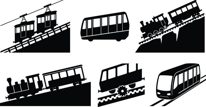 Set of detailed black silhouettes of funiculars, mountain railways, and rack railway trains on slopes