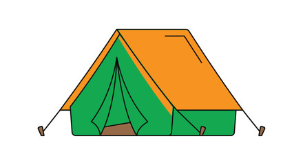 A colorful vector illustration depicts a pitched camping tent with visible guy lines and entrance outdoor shelter © Eps box