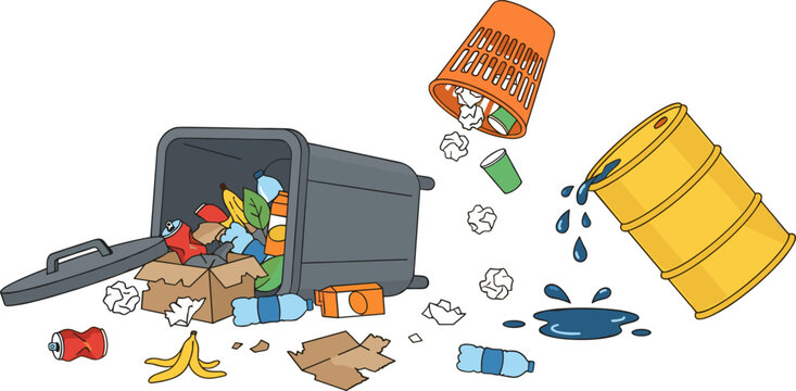 Littering and Environmental Pollution Vector Element Set Featuring Overturned Trash Bins Spilled Garbage Crumpled Paper and Toxic Liquid Waste Leaking