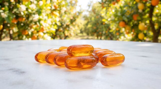 Orange vitamin C capsules on a marble table in an organic citrus orchard