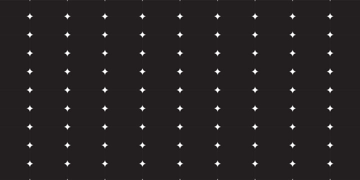 Black and white star grid minimal luxury pattern background with small white sparkle stars on dark. Elegant geometric texture with thin lines for premium and modern design