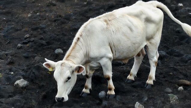 Unique 4K top-down aerial clip focusing on a single white Charolais cow standing motionless on the dark volcanic basalt soil of the Golan Heights providing a striking geometric contrast