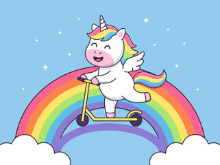 Fototapeta premium Cute Cartoon Unicorn Riding a Kick Scooter on a Rainbow, Whimsical Kawaii Pegasus Illustration in Starry Sky