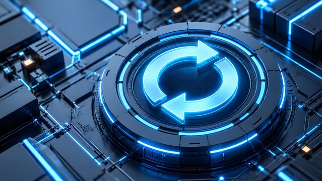 Glowing blue synchronization arrows on a futuristic circuit board representing system update software upgrade data transfer and digital reboot process.