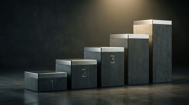 Minimalist concrete podium stage steps with numbers one to four in dark studio